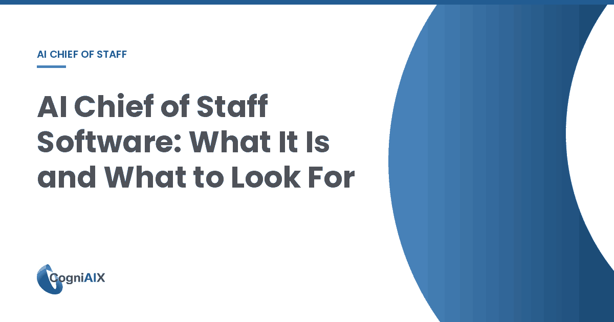 AI chief of staff software banner showing the four things the category does: tracks decisions across time, surfaces what is open before you need it, catches re-litigation, and coordinates follow-through into Slack, email and project boards